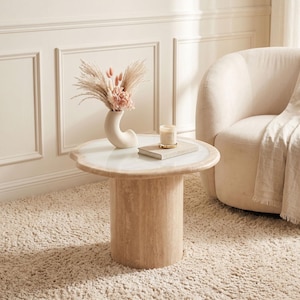 Travertine Coffee Table, White Jade Inlay Top, Handmade Luxury Side Table