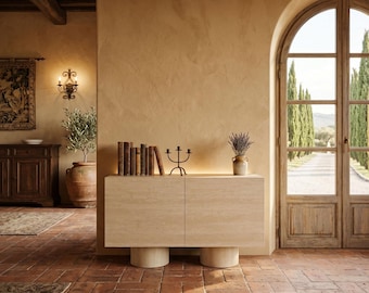 Travertine Vein Sintered Stone TV Console, Modern Media Cabinet with Drawers