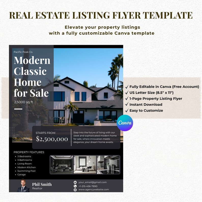 Modern Real Estate Flyer Template | Realtor Advertising Canva Design - Etsy