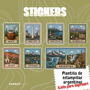 Puede incluir: Un conjunto de pegatinas ilustradas con monumentos y símbolos culturales argentinos. Las pegatinas incluyen Mate, Obelisco, Bariloche, Mendoza, Jujuy, Ushuaia y Argentina. La palabra "STICKERS" está en la parte superior.