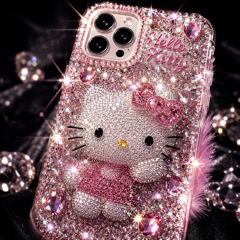 Puede incluir: Una funda de tel&eacute;fono rosa y enjoyada con un dise&ntilde;o brillante de Hello Kitty. La funda est&aacute; cubierta de peque&ntilde;os cristales brillantes e incluye un lazo rosa y las palabras "Hello Kitty". La funda tiene un borde transparente y un acento de plumas rosas.