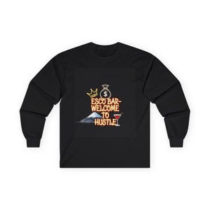 May include: Black long-sleeve shirt with a graphic design. The design includes a gold crown, a money bag, a mountain, a cocktail, and the text "ESCO BAR - WELCOME TO HUSTLE" in yellow and red.