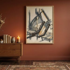 May include: A room with a warm, earthy colour scheme, featuring a wooden chest of drawers, a framed artwork, and a rug. The artwork is a sketch of lounge chairs. A vase of dried flowers, books, and a lit candle create a cosy atmosphere.
