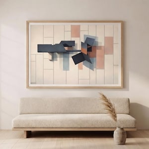 May include: A modern living room scene featuring a beige sofa, a framed abstract artwork with geometric shapes in black, blue, and peach, and a decorative vase with dried plants. The room has light-colored walls and wooden floors.