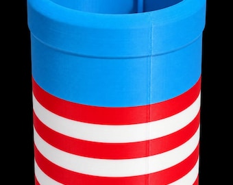 May include: A cylindrical container featuring a solid blue upper section and a lower section decorated with horizontal red and white stripes. The object has a smooth, matte finish and a hollow interior with a visible vertical seam along the side.