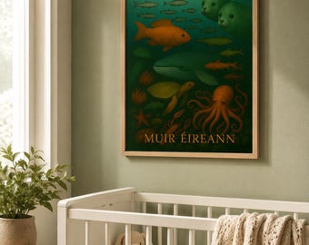 Irish Sea Marine Life Poster, Ocean Nursery Wall Art, Kids Room Decor, Whale Seal Octopus Print, Vintage Style Sea Life Art