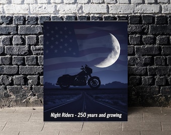 Patriotic Biker Poster Digital Download | Night Riders USA 250 Wall Art | Motorcycle Moon Silhouette Print | American Rider Decor
