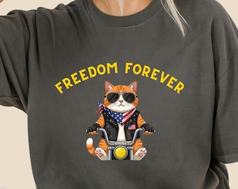 Funny Cat Biker T-Shirt Motorcycle Cat Tee Patriotic Cat Lover Gift Cute Cat Riding Motorcycle Shirt American Freedom Unisex