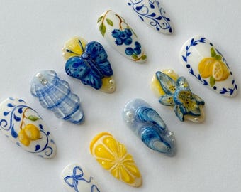 Talavera-nagels/blauwe en witte pers op nagels/citroennagels verjaardagsnagels aangepast/Franse nagel/fruit Design Gifts Nails
