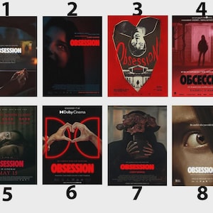 May include: A collection of eight movie posters with the title "Obsession" in various designs. The posters feature images of people, eyes, and abstract shapes, all in a dark, moody color palette with red and black dominating.