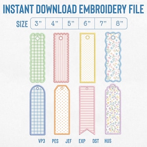May include: Instant download embroidery file featuring eight rectangular bookmark designs with various patterns including gingham, stripes, polka dots, and floral prints. Sizes range from 3 to 8 inches. File formats include VP3, PES, JEF, EXP, DST, and HUS.
