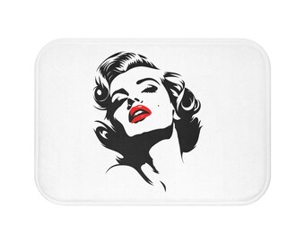 Tapete de Banho com Retrato Retrô Glamouroso | Maquiagem Pop Art em Preto e Vermelho
