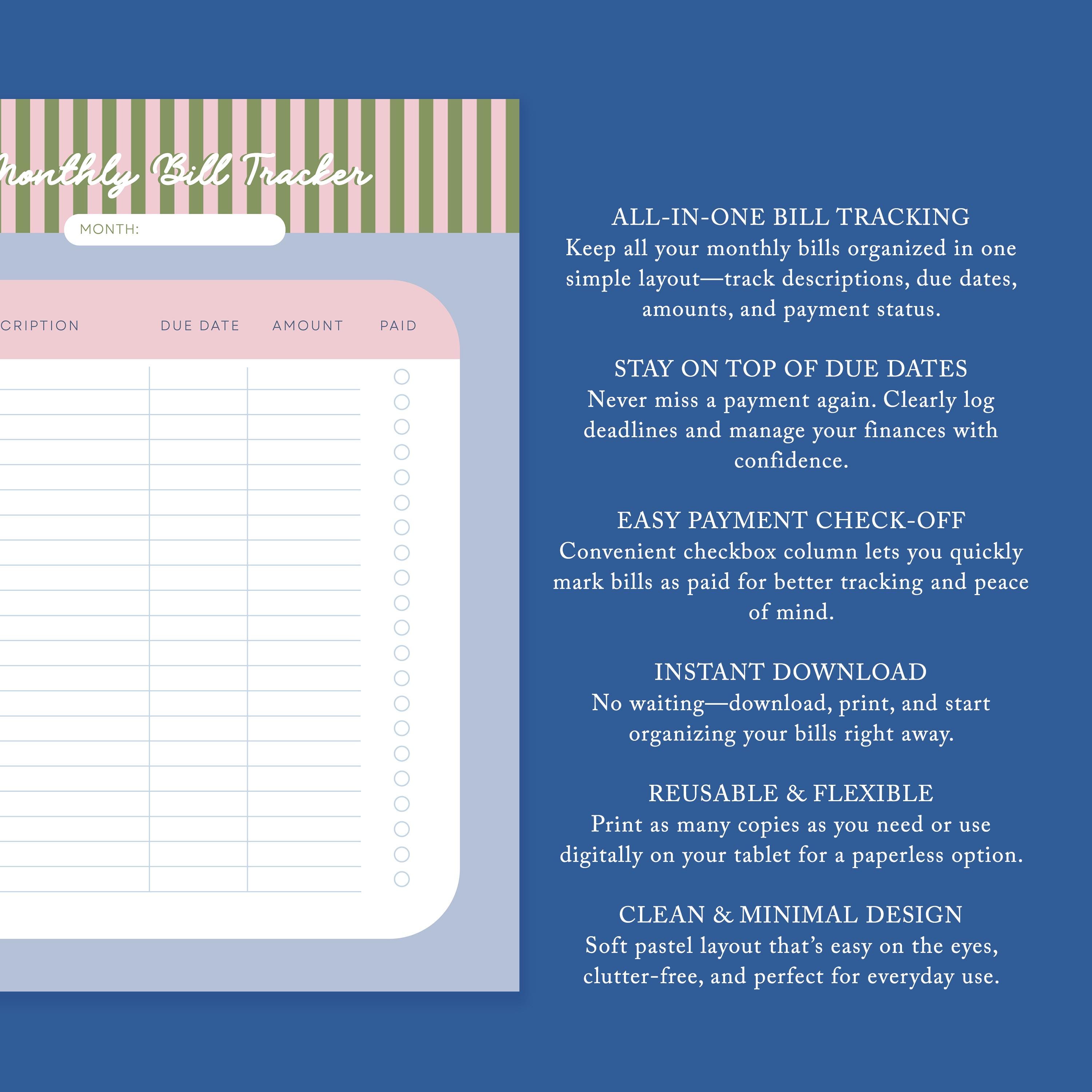 Monthly Bill Tracker Printable | Pastel Budget Planner | Finance ...