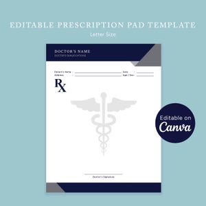 Puede incluir: Una plantilla de bloc de recetas con un diseño azul marino y gris. La parte superior del bloc presenta el texto "DOCTOR'S NAME" y "DOCTOR'S QUALIFICATIONS". La imagen incluye el símbolo Rx y un símbolo médico. También está presente el texto "Editable on Canva".