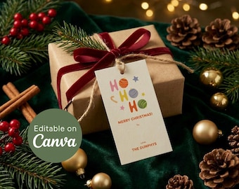 d'étiquette de cadeau de Noël modifiable | Étiquettes-cadeaux des Fêtes Ho Ho Ho | Étiquette de Noël imprimable | Étiquette de cadeau de Noël rétro colorée | Modèle de toile