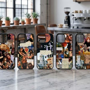 May include: Five black phone cases with unique collage designs. Each case features a different arrangement of images, text, and colors, including a full moon, portraits, and text. The cases are displayed on a marble surface.