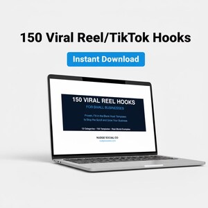 May include: A laptop screen showing "150 Viral Reel Hooks for Small Businesses" and "Instant Download" in a blue box. The laptop is open and angled, set against a white background. The screen also includes the words "Proven, Fill-in the Blank Hook Templates to Stop the Scroll and Grow Your Business."