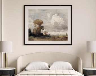 Vintage Landscape Print, Elegant Landscape Painting, Cloudy Landscape Wall Art, Beige Cloud Room Decor, Neutral Home Decor, Digital Download