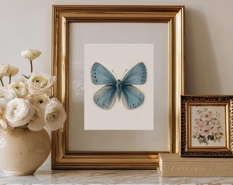 Coquette Blue Butterfly Wall Art Print, Victorian Cottagecore Nursery Wall Decor, Vintage Blue Butterfly, Digital Download