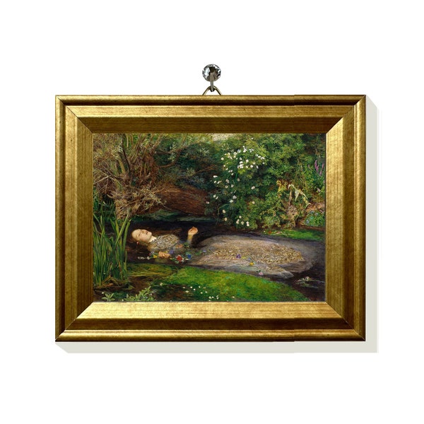 Mini Print of Oil Painting Framed Canvas Prints Antique Art Vintage Ophelia by John Millais Drowned Woman in Water Small Gold Frame Handmade