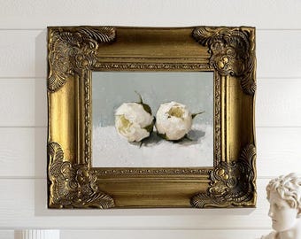 Floral Oil Painting, Botanical Wall Art, Original Painting on Canvas, Handmade Painting of Flowers, Peonies Artwork, Framed Art, Gold Frame