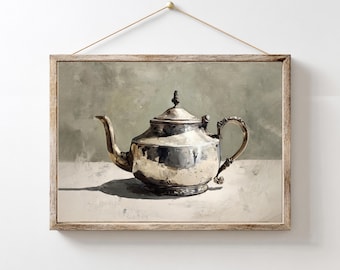 Tea Pot Still Life, Vintage Tea Kettle Print, Gray Wall Art Print, Antique Silver Tea Pot, Kitchen Wall Decor, Home Decor, Digital Download