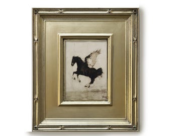 Framed Art, Winged Horse, Original Oil Painting on Canvas, Handmade Wall Art, Warm Silver Frame, Black and White, Hand Painted