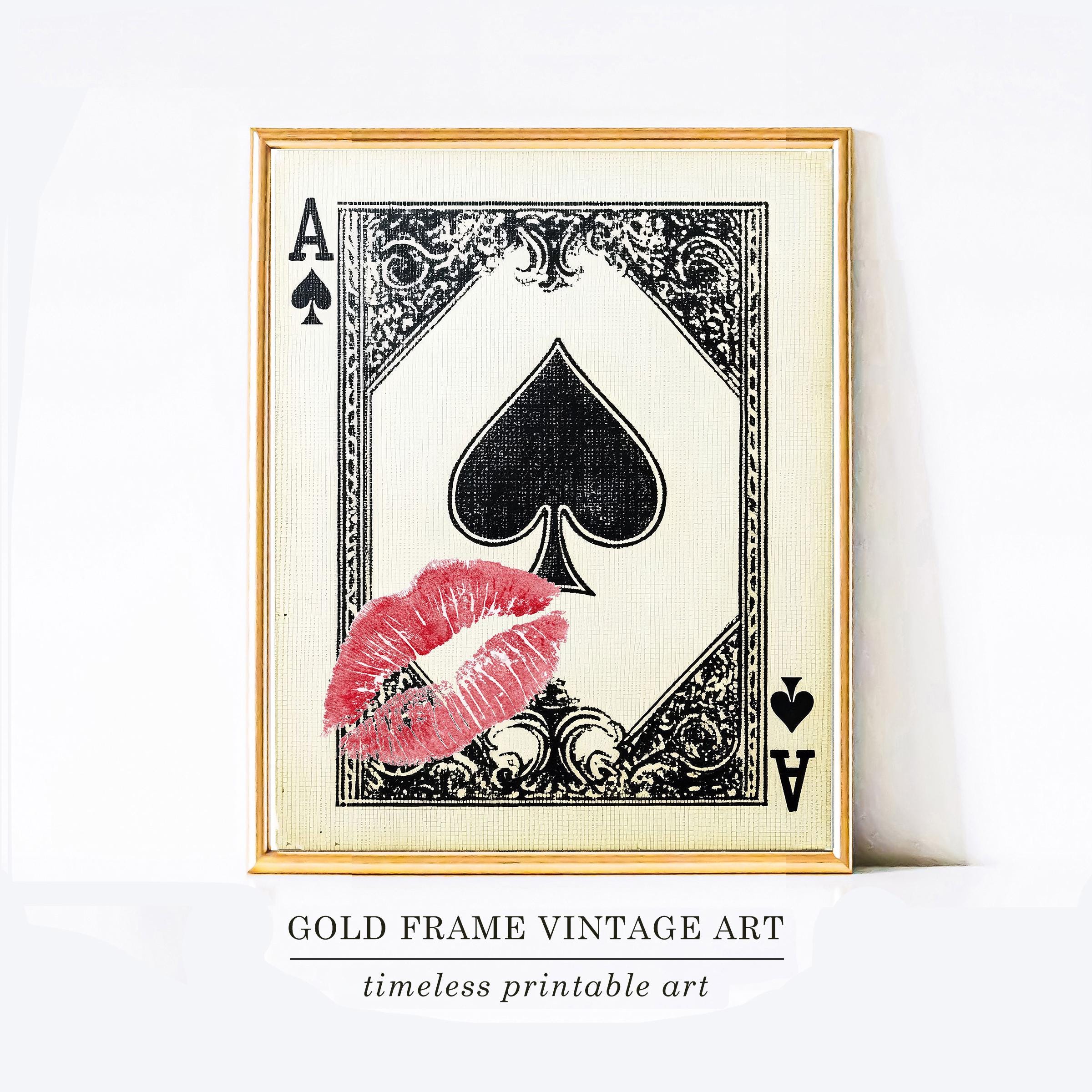 Playing Card Wall Art, Ace of Spades Print, Trendy Retro Kiss Lips