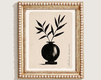 Printable Black Vase Botanical Branches - Modern Minimalist Wall Art, Neutral Plant Painting, Monochromatic Home Decor, Digital Download