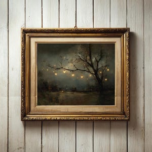 May include: An antique framed painting depicting a dark, moody landscape with a tree adorned with glowing heart-shaped lights. The painting is set in a gold ornate frame, hanging against a white wooden wall.