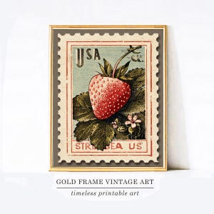 Impresión artística de fresa, sello vintage, póster retro de comida, impresión de fresa, arte de pared de cocina, obra de arte maximalista, impresión de frutas cottagecore, EE. UU.