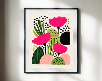Printable Bold Floral Poster Hot Pink Poppies Tropical Leaves Modern Art Digital Download Contemporary Wall Decor Maximalist Botanical Print