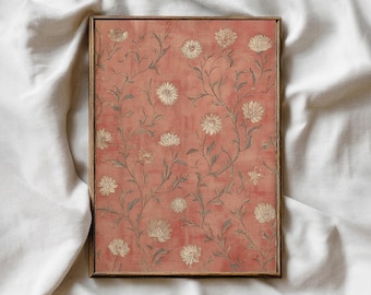 Retro Floral Textile Print, Rustic Flower Wall Art, Old Linen Textile Wall Art, Heritage Red Vintage Print, Farmhouse Home Decor