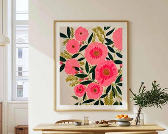 Scandinavian Folk Floral Print, Bold Pink Flowers Painting, Graphic Botanical Wall Art, Printable Cottagecore Decor, Instant Download