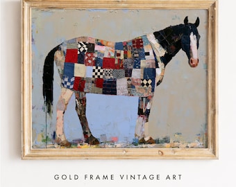 Farmhouse Horse with Patchwork Quilt Blanket Printable Wall Art, Rustic Country Cottage Decor, Vintage Folk Art Painting, Digital Download