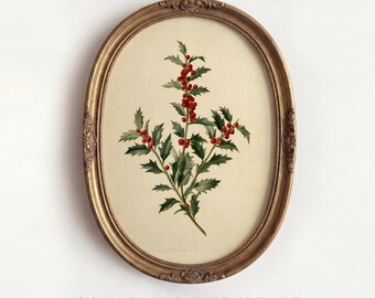 Holly Branch Watercolor Print, Vintage Botanical Christmas Poster, Red Berry Winter Wall Art, Festive Holiday Printable Digital Download