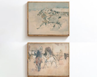 ヴィンテージ馬アートプリント、2枚セット、乗馬ウォールアート、イギリスの馬アート、水彩画、ギャラリーウォール、デジタルアートダウンロード