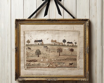 Farmhouse Horse and Cottage Art Print, Vintage Embroidery Textile Wall Art, Antique Tapestry Print, Home Decor, 8x10, Digital Art Download