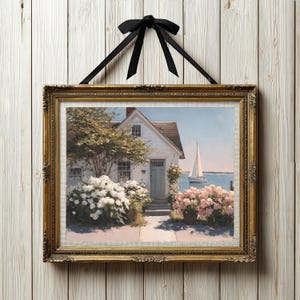 Lámina con flores de hortensia rosa, pintura de velero, decoración floral estilo cottagecore, estilo cottagecore de Nantucket, arte mural costero de Nancy Meyers