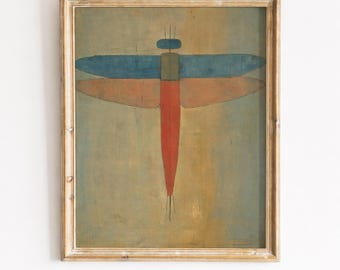 Geometric Dragonfly Print Printable Wall Art, Vintage Earthy Insect Painting, Muted Sage Green, Rustic Cottagecore Decor Digital Download