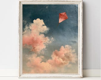 Pink Kite Flying Through Dreamy Clouds Printable Wall Art Vintage Painting Soft Blue Sky Romantic Nursery Decor Digital Download Print