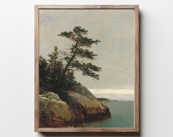 Pintura antigua de pino costero, impresión artística de paisaje natural, pintura vintage, arte mural vertical, descarga digital