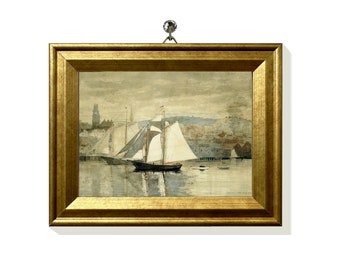 Mini Canvas Print of Small Oil Painting Framed Boat Painting Vintage Sailboat Art Antique Nautical Print New England Coastal Art Gold Frame