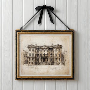 Vintage architecturale schets, Europese muurkunstdruk, tekening stadsgebouw, antieke schets Londen, decor oude wereld, digitale download