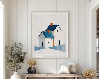 Blue Minimalist Wall Art Print, Blue House Print, Modern Painting, Blue Home Decor, Architecture, Contemporary Art Print, Digital Download