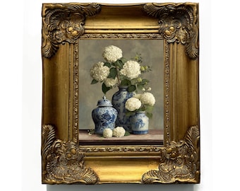Framed Blue Hydrangeas Art Print, Chinoiserie Floral Wall Decor, Flower Wall Art, Antique Style Decor, Ginger Jars, Gold Frame, Framed Art