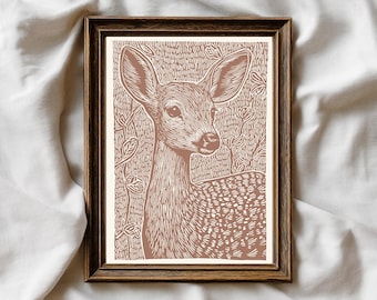 Rustic Deer Wall Art, Deer Linocut, Cabin Wall Decor Print, Modern Deer Poster, Woodland Deer, Forest Animal Home Decor, Digital Download