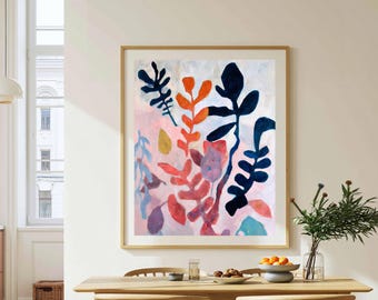 Botanical Wall Art, Modern Plant Painting, Retro Colorful Decor, Navy Coral Purple, Floral Leaves Design, Printable Digital Print Download