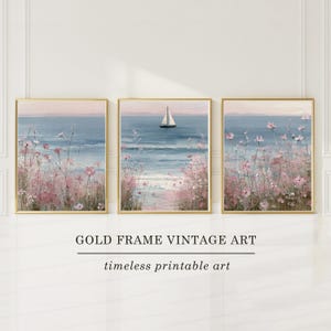 Grandmillenial Coastal Wall Art Set of 3, Retro Pink Floral Wall Art, Coquette Beach Art, Preppy Summer Beach Print Pastel Ocean Watercolor
