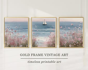 Kunst aan de kust kust, drieluik muurkunst, set van 3, roze bloemen muurkunst, strand muur decor, preppy zomer strand print, pastel oceaan aquarel